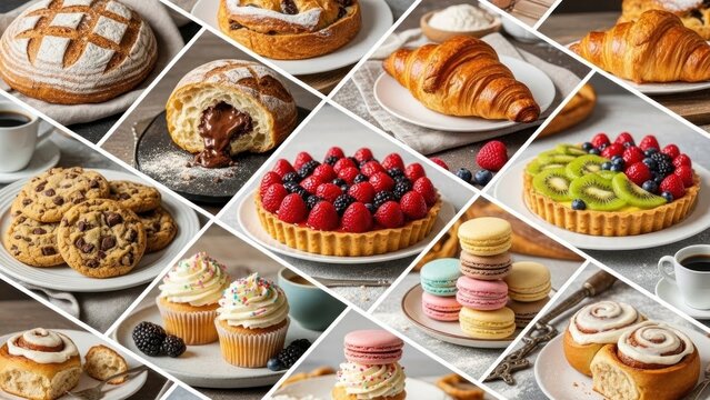 A collage of 13 photos showcasing various sweet and savory baked goods, including pastries, tarts, and desserts