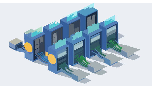Crypto mining farm isometric vector illustration