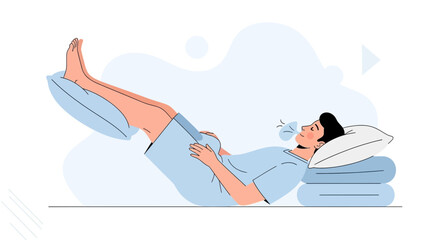Obraz premium Man resting with legs elevated on pillows, breathing deeply, calm and relaxed
