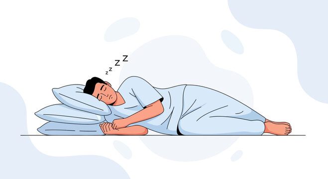 Man sleeping peacefully on pillows, illustration of rest and relaxation