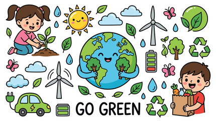 Fototapeta premium Happy children practicing sustainability with recycling green energy and tree planting for environmental education and eco friendly awareness campaigns