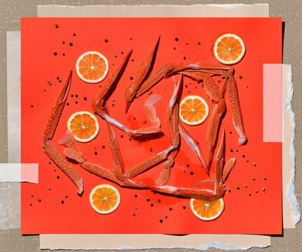 Fresh Cooked Crab Legs with Lemon Slices and Peppercorns on Bright Red Paper Background for Seafood Restaurant Menu Design and Culinary Advertising
