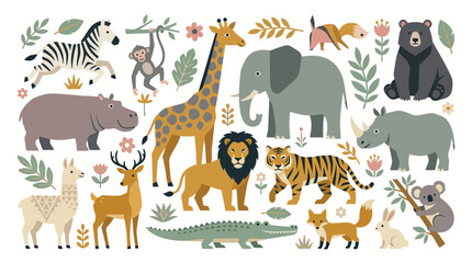 Naklejka premium Cute Safari and Jungle Animal Collection Flat Vector Illustration for Children Education Nursery Wall Art and Stationery Design