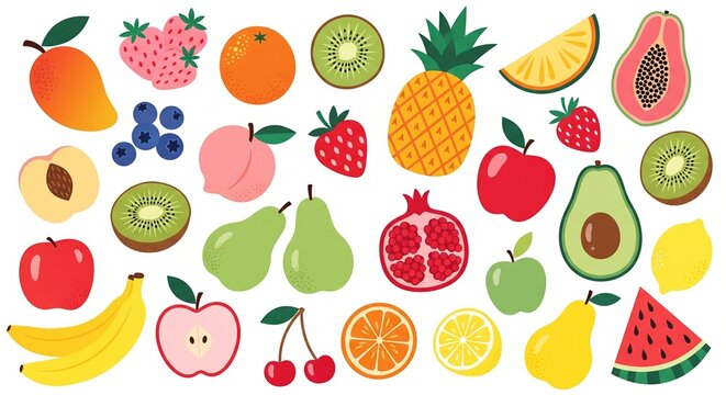 Vibrant Assortment of Fresh Fruits Vector Illustration, Flat Design Style, Healthy Eating and Diet Concept for Graphic Design Resources