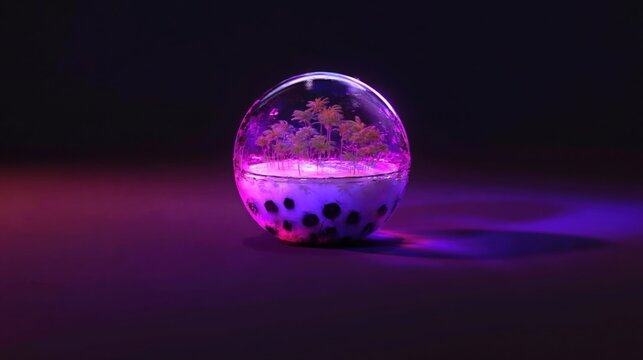 Translucent Tapioca Pearl with Miniature Tropical Island Scene and Palm Trees Inside for Bubble Tea Advertising Campaign, Vibrant Purple Lighting and Copy Space