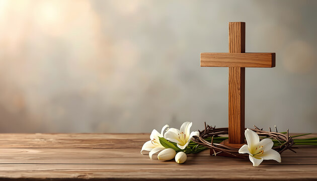 Wooden cross, lilies, and crown of thorns symbolize easter, faith, and sacrifice. Suitable for religious designs, greeting cards, and decorations.