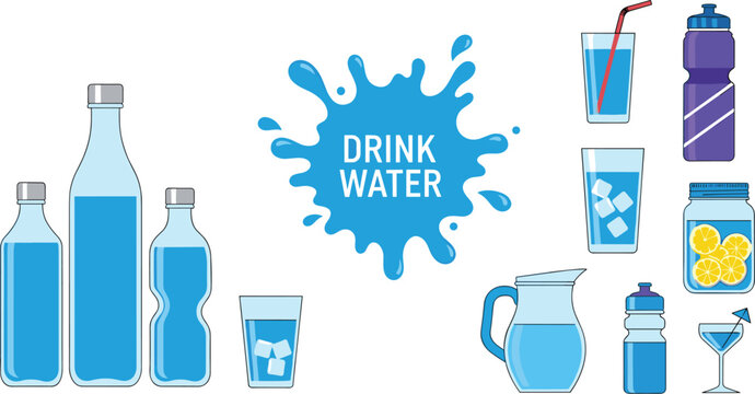 Drink water concept collection vector illustration set with bottles glasses pitcher and hydration elements isolated on white background for healthy lifestyle design