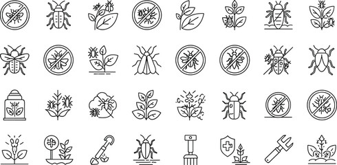 Eco pest control and organic gardening line icon set featuring insects plants protection spray and sustainable agriculture symbols © MSTNAJMA