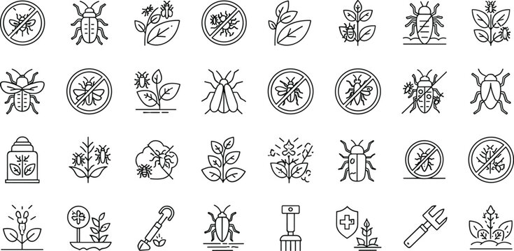 Eco pest control and organic gardening line icon set featuring insects plants protection spray and sustainable agriculture symbols