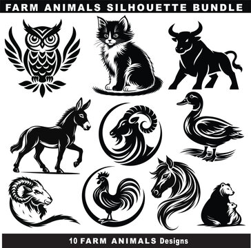A versatile collection of farm animal silhouette designs featuring animals like cow, horse, rooster, duck, goat, donkey, and more. This bundle includes clean, bold, and detailed styles perfect for agr