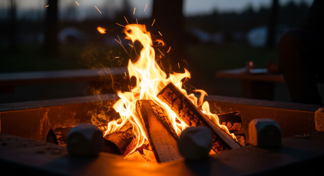 キャンプ場で焚き火：焚き火台やテントと共に過ごすひととき