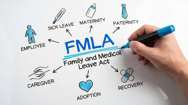 FMLA concept with hand writing family and medical leave act diagram on white background