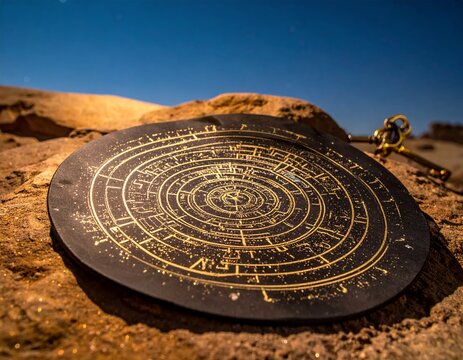 Ancient Chinese Luopan Compass on Rocky Terrain Under Clear Blue Sky.
