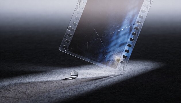 Translucent film strip on dark surface with glass sphere creating shadows for cinematic overlay texture packs and moody analog backgrounds