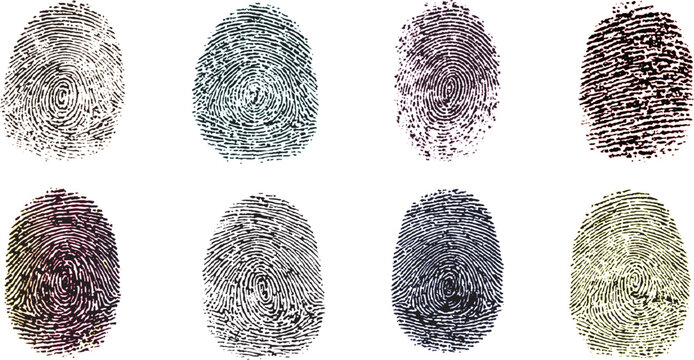 Fingerprint thumbprint set isolated colorful fingerprint set  Set of ten unique black fingerprint impressions on white background