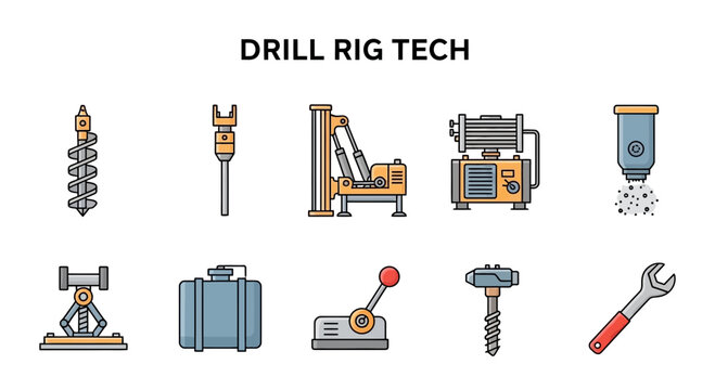 Ten colorful line icons representing various drill rig technology components and tools