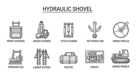 Naklejka premium Infographic illustrating ten labeled components of a hydraulic shovel