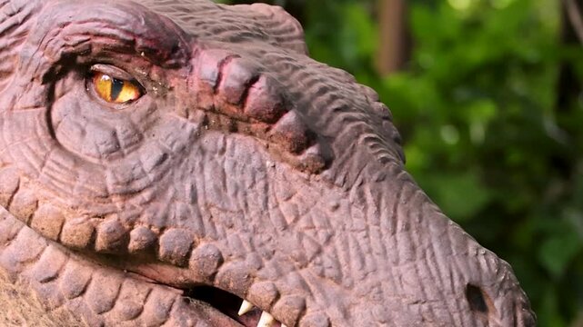 Extreme Close-Up of Animatronic Raptor Head with Blinking Yellow Eye