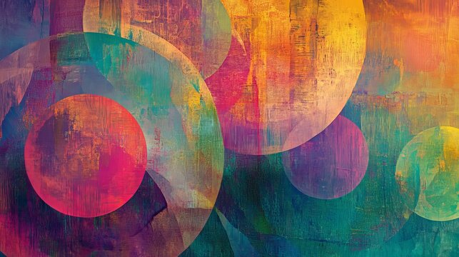 Vibrant abstract circles layered in colorful mixed media texture background