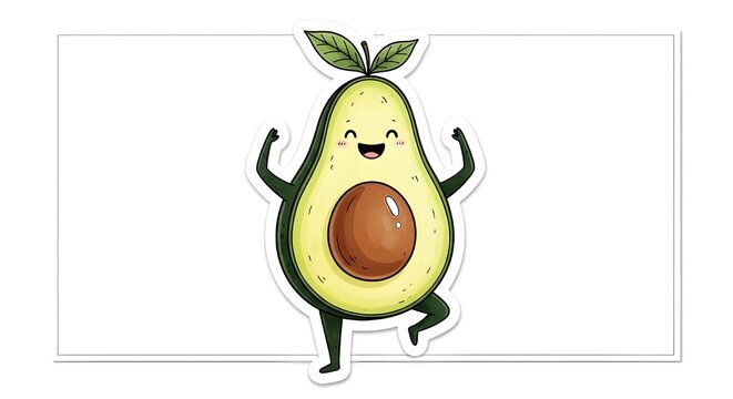 A cute, dancing cartoon avocado sticker with a happy face, a large brown pit, and a white border.