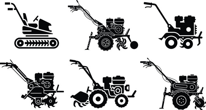 Garden tillers and walk-behind tractors agricultural icons with soil preparation with garden machine