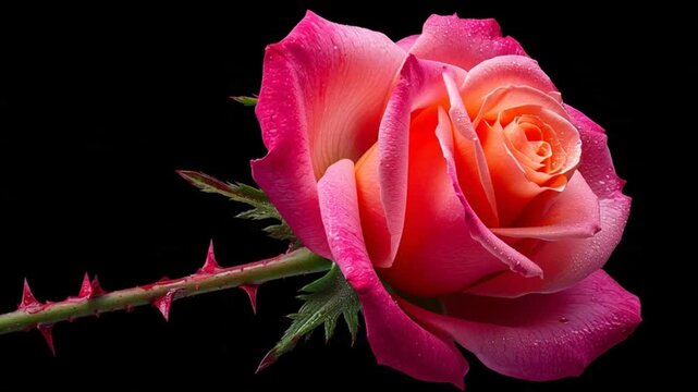 A close-up photo of a pink rose with thorns on a black background.