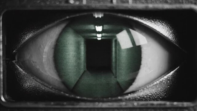 Close-up of a human eye reflecting a distorted digital screen displaying static and a dark corridor, symbolizing surveillance and technology