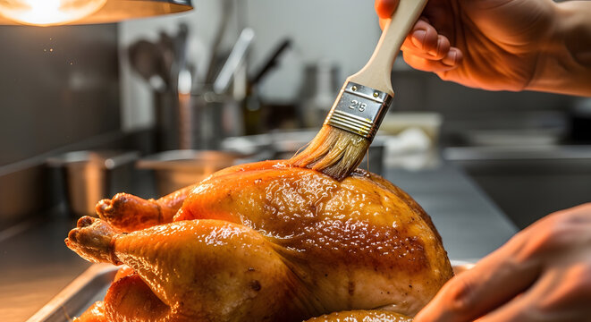 A chef hands using a brush to apply oil or glaze on a whole roasted chicken inside a professional kitchen