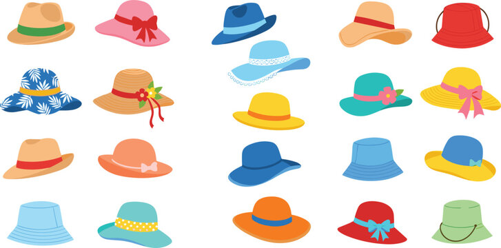 Summer hats collection vector illustration set with stylish sun hats colorful fashion accessories isolated on white background for beach travel and seasonal design