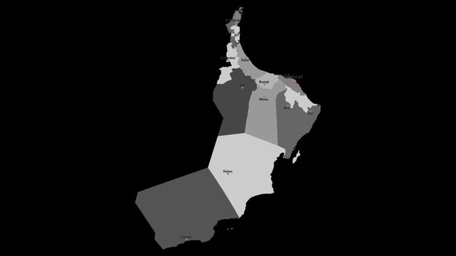 Vector map of Oman with names of cities and with borders city