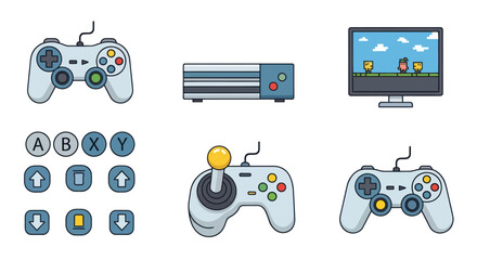 Retro Gaming Icons: Controllers, Console, Monitor with Pixel Art Game © ampuh