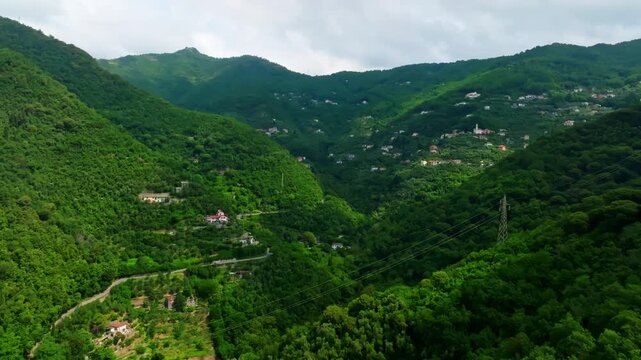 Establishing drone shot of San Maurizio di Monti Village in Ligurian Mountains