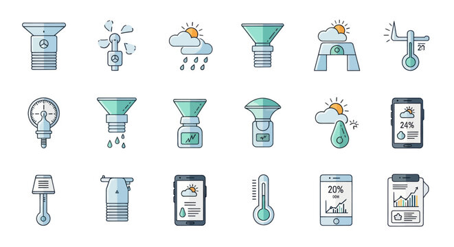 Weather Station Icons: Rain Gauge, Thermometer, Anemometer, Barometer, Weather Forecast