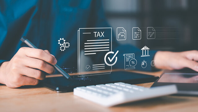 Streamline tax processing with digital systems for compliance, e-filing, and automated verification. Ideal for illustrating finance technology, online tax solutions, and digital accounting operations.