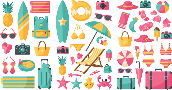 Summer Vacation Beach Elements Collection with Surfboard, Umbrella, Sunglasses and Travel Accessories, Tropical Holiday Vector Illustration Set