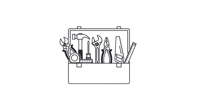 Open Toolbox with Assorted Hand Tools - Line Art Illustration