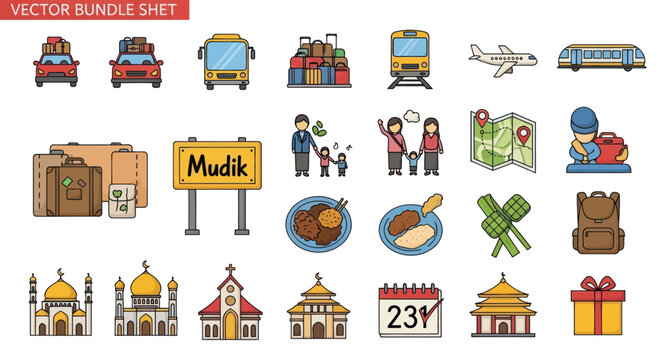Mudik Travel Icons: Car, Bus, Train, Plane, Luggage, Food, Mosque, Church, Map