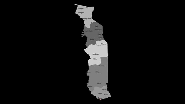 Vector map of Togo with names of cities and with borders city