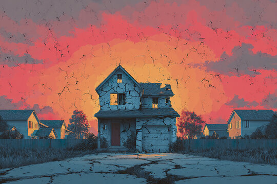 Abandoned cracked house in suburban neighborhood at sunset with dramatic orange sky and surrounding homes, evoking sense of decay and eerie atmosphere