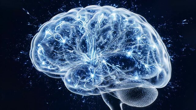 Abstract glowing brain with neural connections and synapses firing.