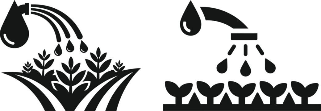 Agricultural crop irrigation and plant watering system vector icons with water drop with water spray