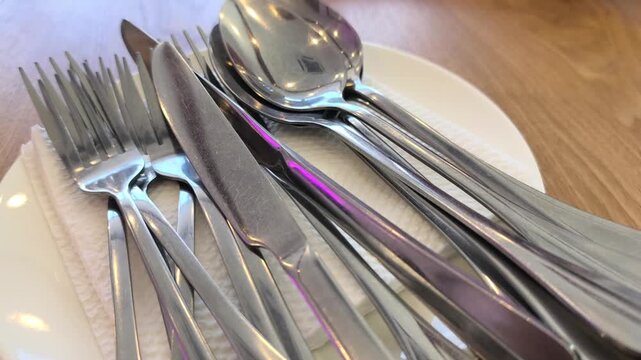 Clean silverware rests neatly on a white plate and napkin. The cutlery is set on a dining table. Everything is ready for the upcoming meal service.
