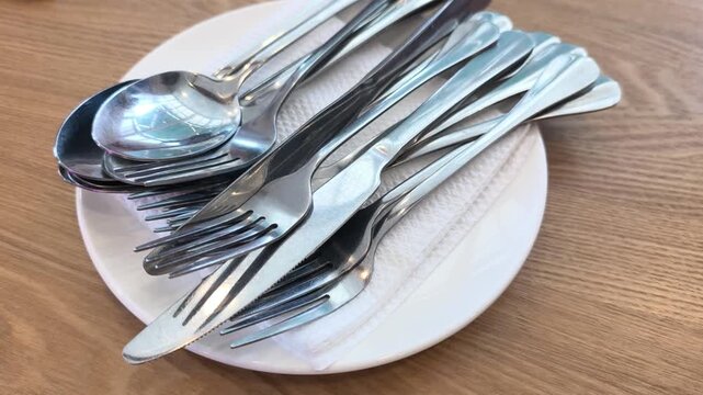 Clean silverware rests neatly on a white plate and napkin. The cutlery is set on a dining table. Everything is ready for the upcoming meal service.