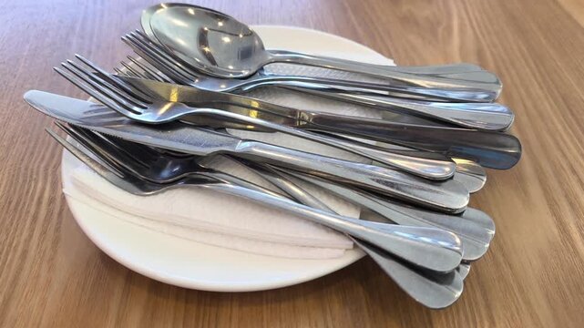 Clean silverware rests neatly on a white plate and napkin. The cutlery is set on a dining table. Everything is ready for the upcoming meal service.