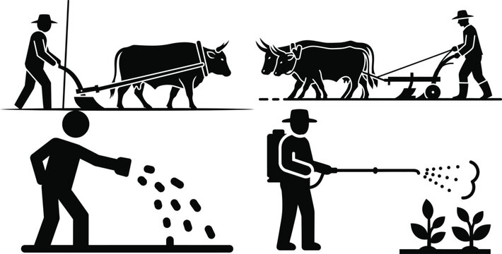 Traditional and modern farming labor, plowing, sowing, and spraying icons, backpack sprayer, farm work