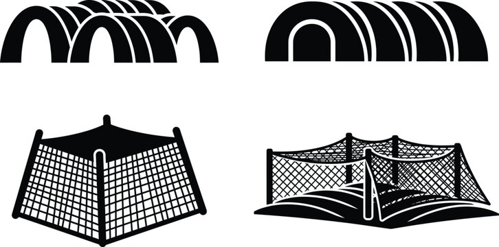 Agricultural greenhouse tunnels and protective crop netting structures icons with crop protection