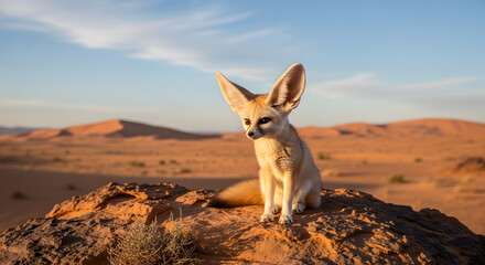 Naklejka premium A small desert fox with large ears sitting on a stone
