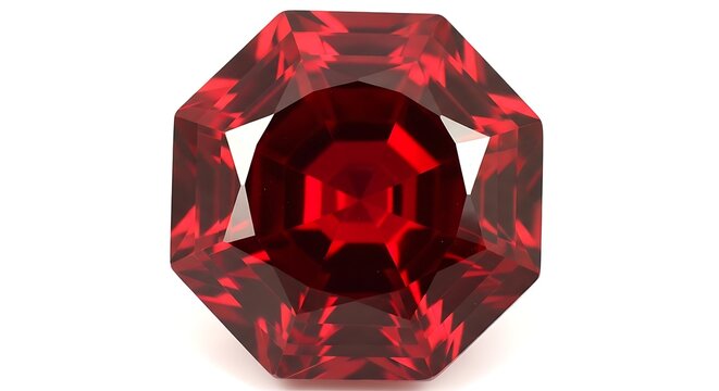 Large octagonal faceted red gemstone on white background jewel