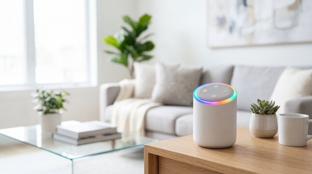 Modern Smart Home Assistant Speaker with Vibrant LED Ring in Bright Living Room.