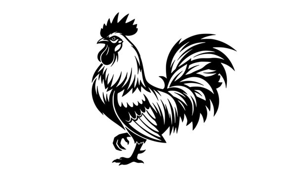Hand drawn tribal rooster vector with black and white ornamental lines and artistic logo design isolated on white